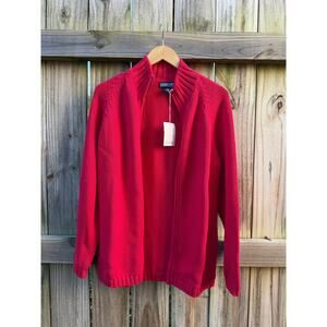 Lands’ End Red Full-Zip Ribbed Knit Jacket Cotton Holiday Sweater